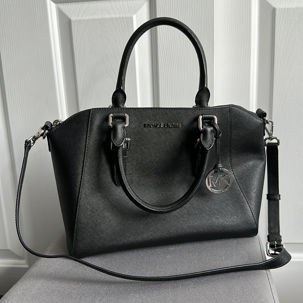 Black/Silver Michael Kors Ciara Large Saffiano Leather Satchel